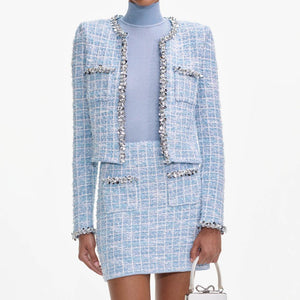 SELF PORTRAIT SS25 VIP PRICE Blue Check Knit Mini Skirt