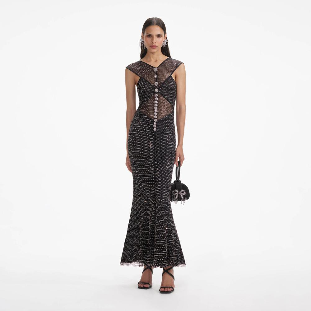 SELF PORTRAIT SS24 Black Rhinestone Fishnet Crossover Midi Dress