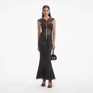 SELF PORTRAIT SS24 Black Rhinestone Fishnet Crossover Midi Dress