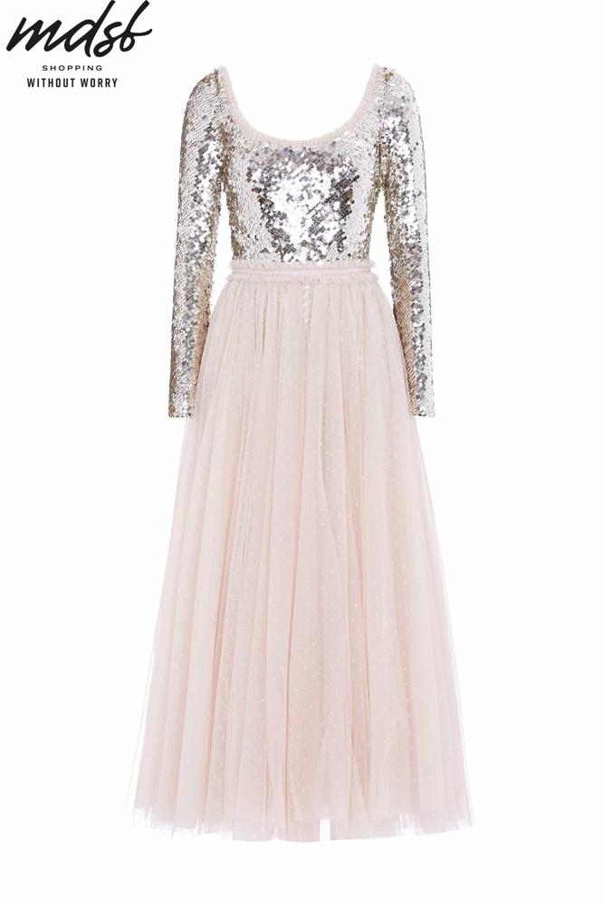 Needle & Thread PO and SALE Ballet Sequin Bodysuit Ankle Gown - beige