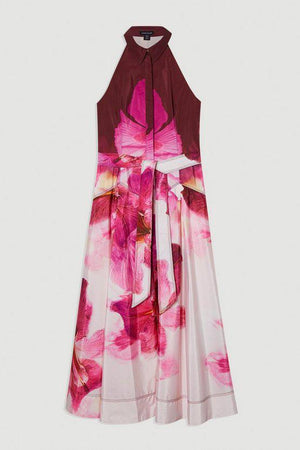 Karen Millen UK SALE Placed Floral Taffeta Belted Woven Maxi Shirt Dress