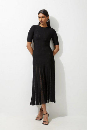 Karen Millen UK SALE Viscose Blend Filament Full Skirt Knit Midi Dress - black