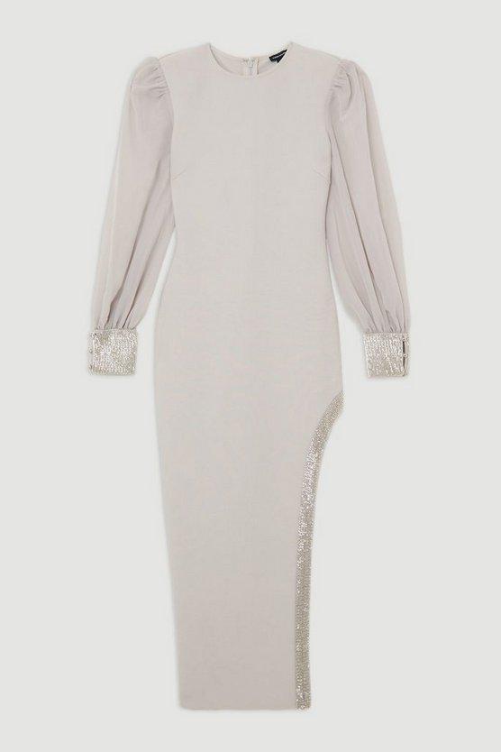 Karen Millen UK SALE Figure Form Bandage Knit Embellished And Chiffon Sleeve Midaxi Dress - silver grey