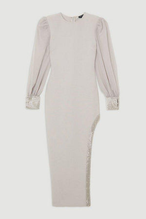 Karen Millen UK SALE Figure Form Bandage Knit Embellished And Chiffon Sleeve Midaxi Dress - silver grey