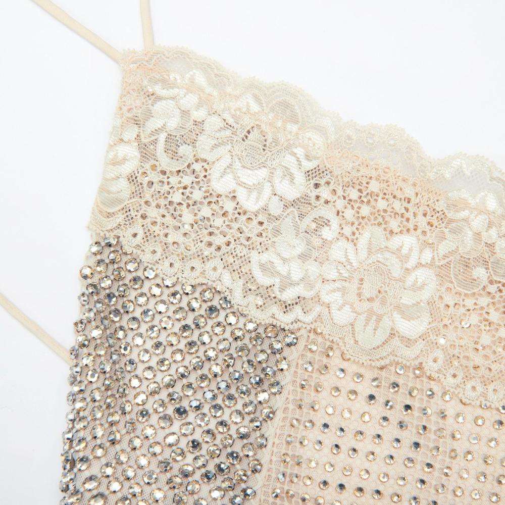 SP VIP PRICE Champagne Rhinestone Lace Trim Maxi Dress