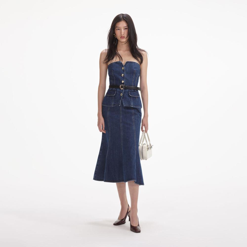 SELF PORTRAIT VIP SS24 Denim Bandeau Midi Dress