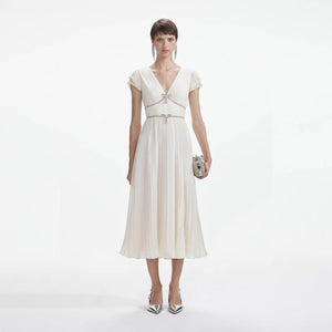 SELF PORTRAIT SS24 Cream Chiffon Pleated Midi Dress