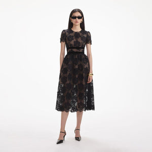 SELF PORTRAIT SS24 Black Lace Velvet Bow Midi Dress