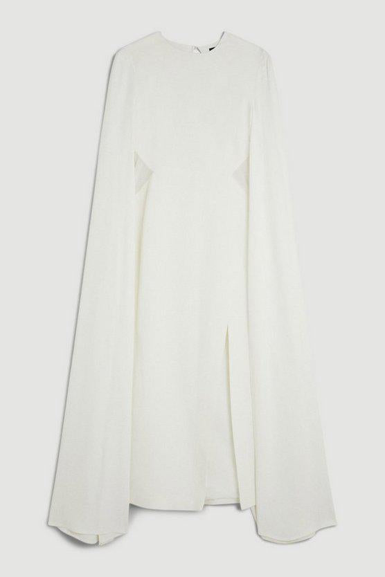 Karen Millen UK SALE Tailored Compact Stretch Viscose Cape Mesh Panel Midi Dress - ivory