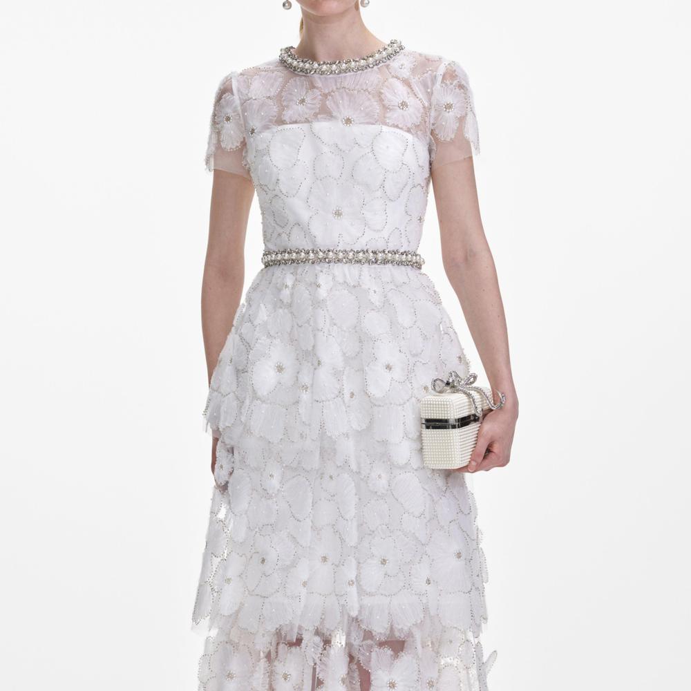 SELF PORTRAIT SS25 VIP PRICE White Embellished Tulle Tiered Midi Dress