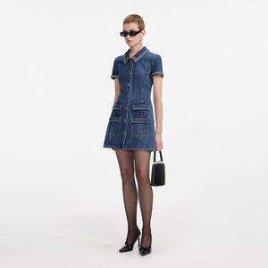 SP VIP PRICE Denim Crystal Trim Collared Mini Dress