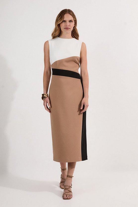 Karen Millen UK SALE Compact Stretch Colourblock Tailored Pencil Dress - camel