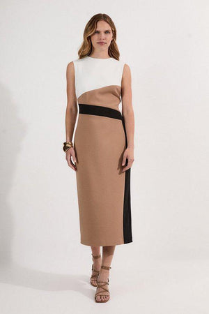 Karen Millen UK SALE Compact Stretch Colourblock Tailored Pencil Dress - camel