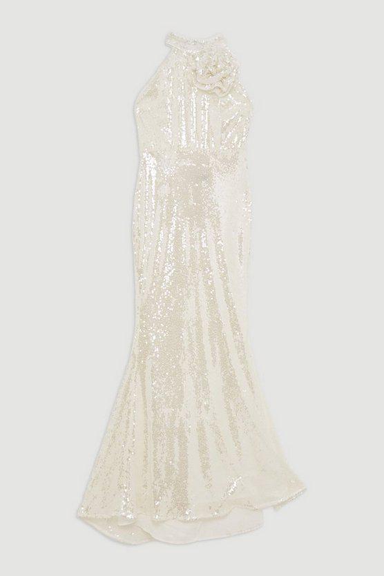 Karen Millen UK SALE Sequin Rosette Halter Woven Maxi Dress - white