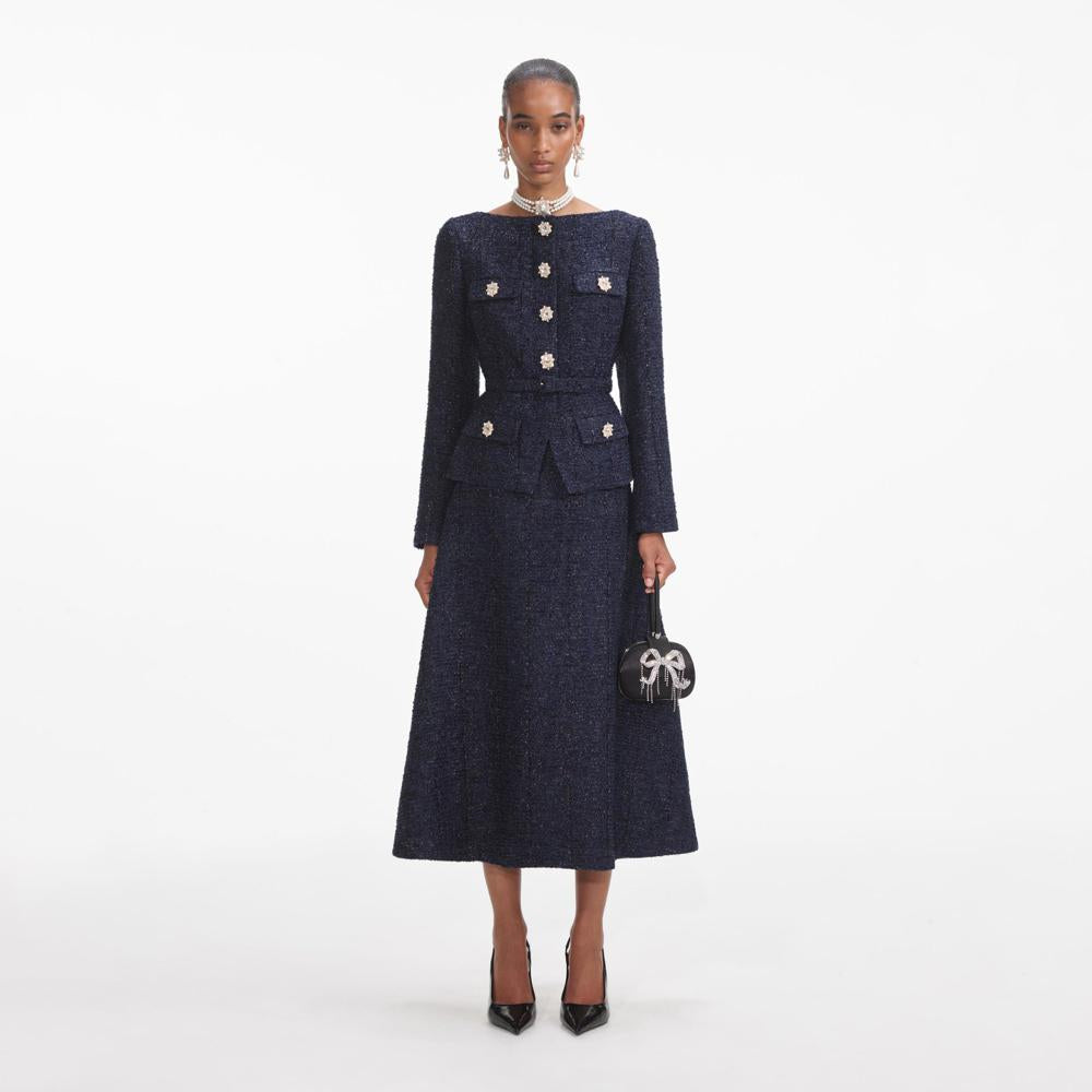 SELF PORTRAIT VIP SS24 Navy Metallic Boucle Midi Dress