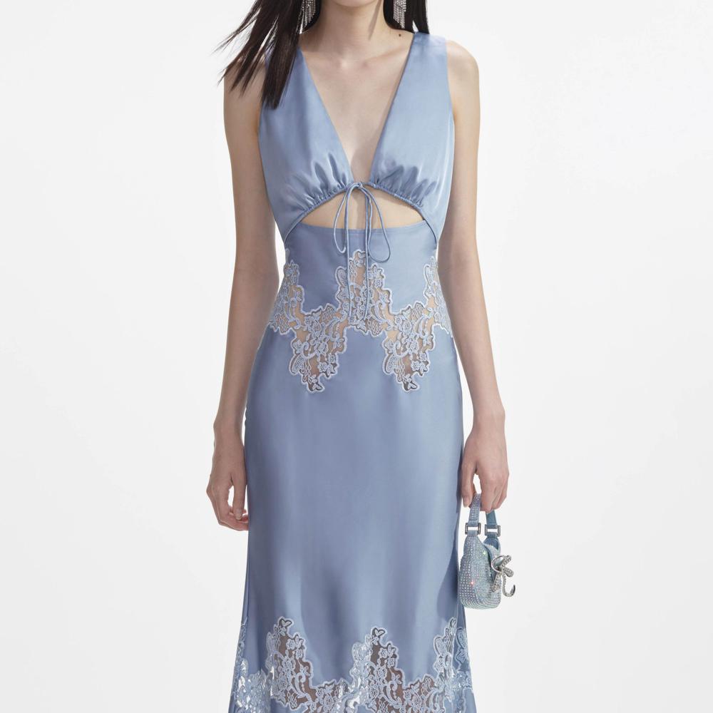 SELF PORTRAIT SS24 Blue Satin Lace Insert Midi Dress