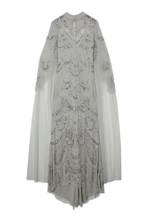 Karen Millen UK SALE Premium Beaded Embellished Woven Midaxi Cape Dress