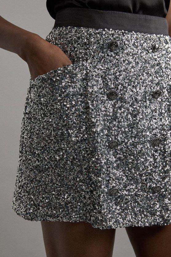 Karen Millen UK SALE Sequin Tailored Wrap Over Mini Skirt - gun metal