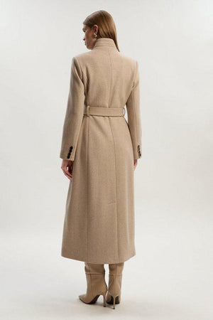 Karen Millen UK SALE Wool Investment Notch Neck Tailored Maxi Coat - oatmeal