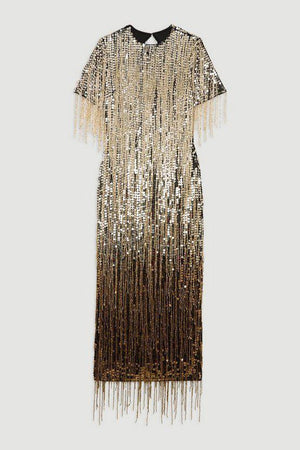 Karen Millen UK SALE Embellished And Beaded Tassel Woven Maxi Dress