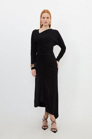 Karen Millen UK SALE Jersey Crepe Ruched Long Sleeve Midi Dress - black