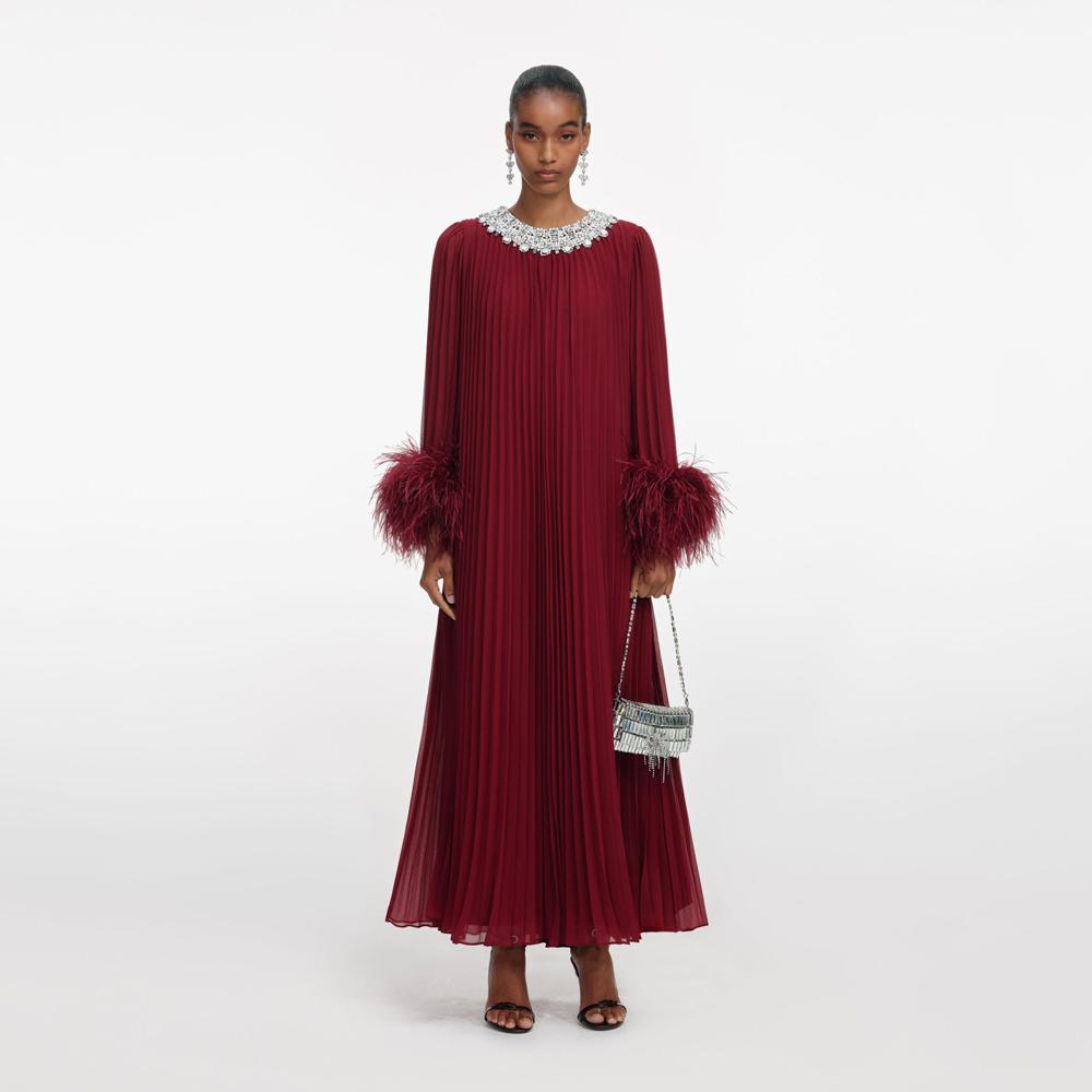 SP VIP PRICE Burgundy Chiffon Feather Midi Dress