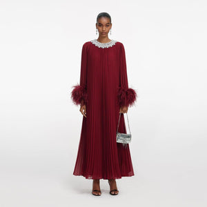 SP VIP PRICE Burgundy Chiffon Feather Midi Dress