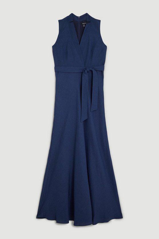 Karen Millen UK SALE Lydia Millen Linen Wrap Tie Waisted Maxi Dress - navy
