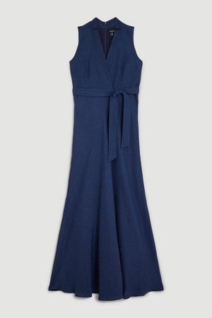 Karen Millen UK SALE Lydia Millen Linen Wrap Tie Waisted Maxi Dress - navy