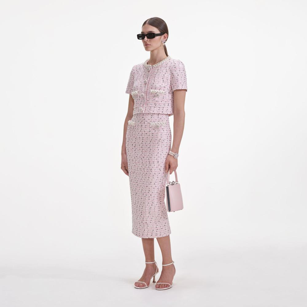 SELF PORTRAIT SS25 VIP PRICE Pink Boucle Pearl Midi Skirt