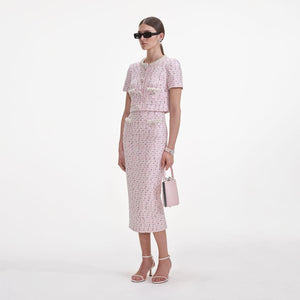 SELF PORTRAIT SS25 VIP PRICE Pink Boucle Pearl Midi Skirt