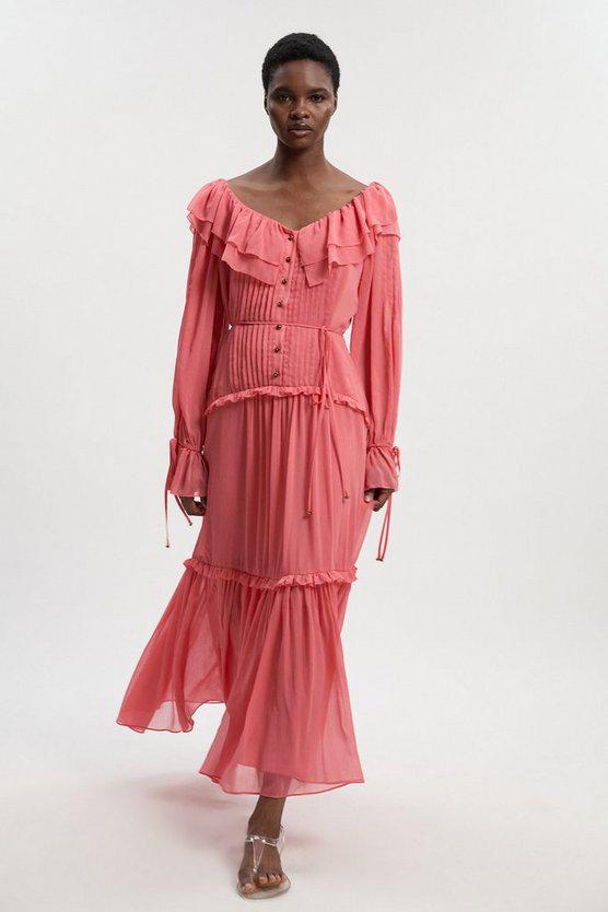 Karen Millen UK SALE Georgette Ruffle Woven Maxi Dress - coral