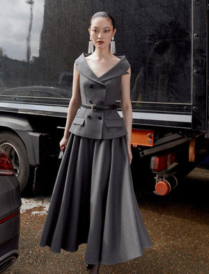 SP VIP PRICE Grey Wool Tailored Midi Dress
