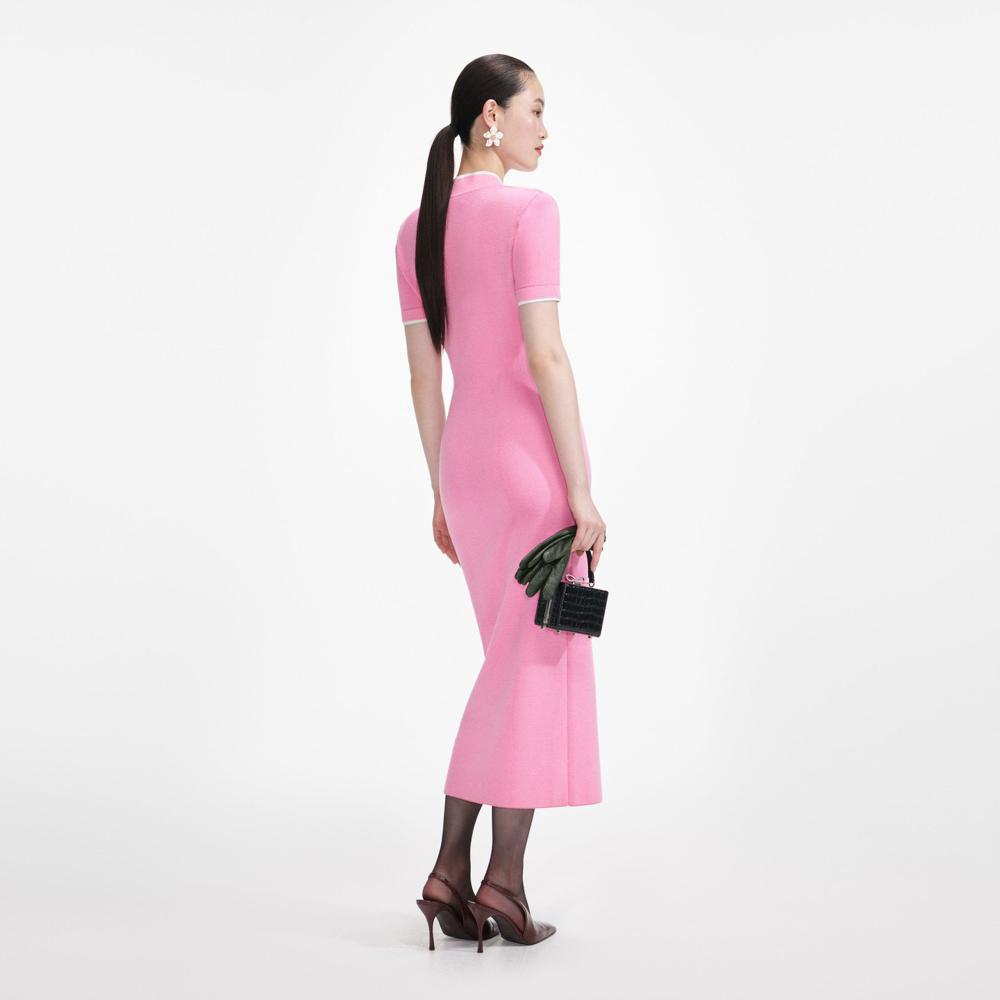 SP VIP PRICE Pink Crochet Flower Knit Midi Dress