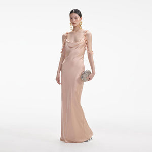 SELF PORTRAIT SS24 Rose Gold Satin Flower Maxi Dress