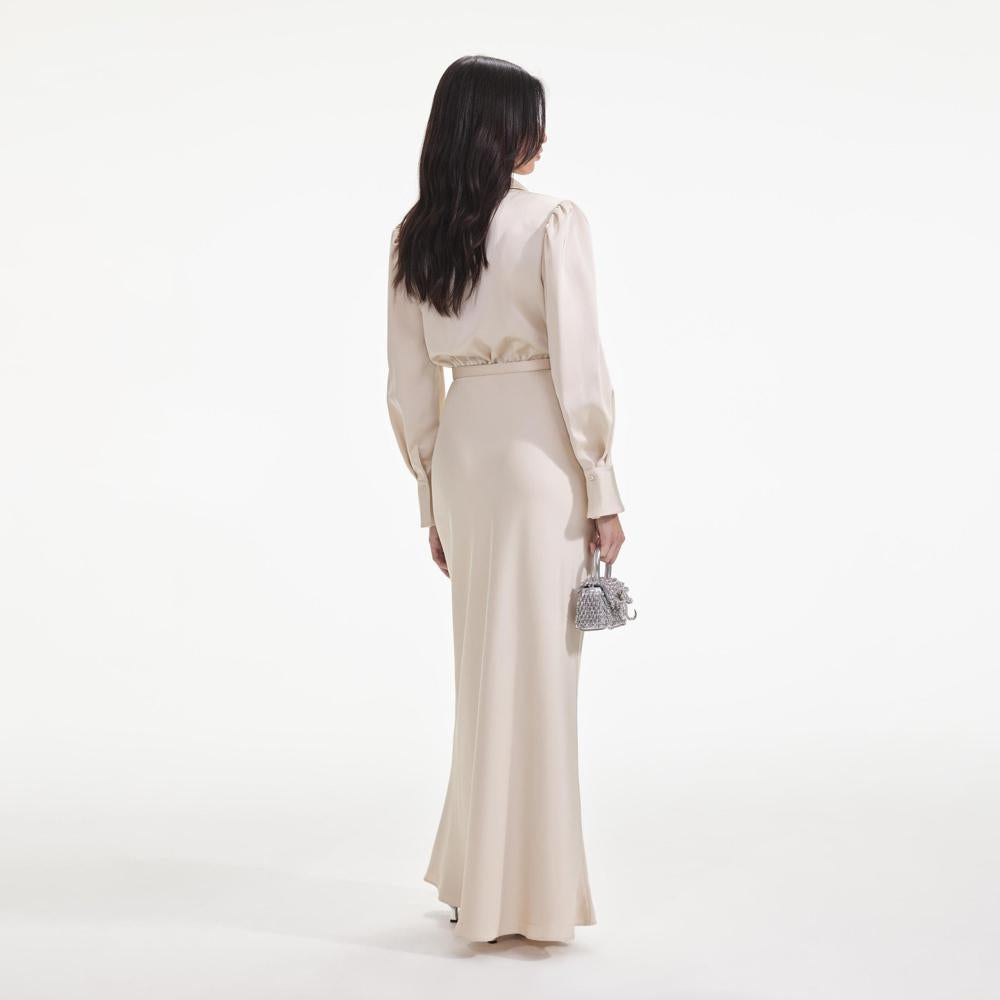 SELF PORTRAIT SS24 Cream Satin Embellished Bib Maxi Dress