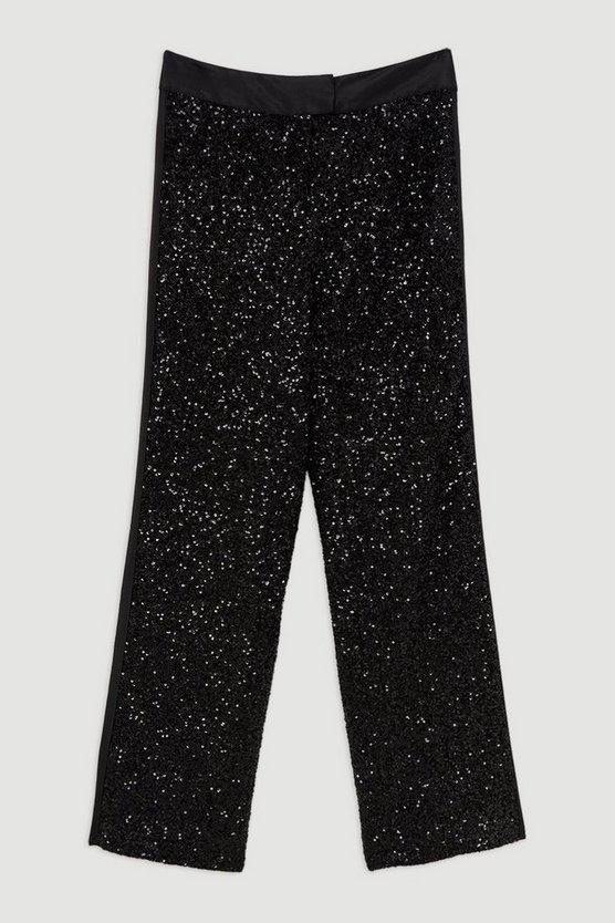 Karen Millen UK SALE Sequin High Waisted Wide Leg Trousers - black