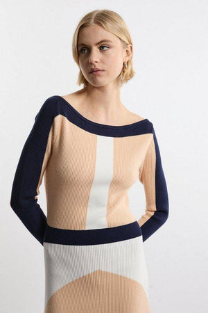 Karen Millen UK SALE Viscose Blend Knit Asymmetric Colour Block Dress - neutral