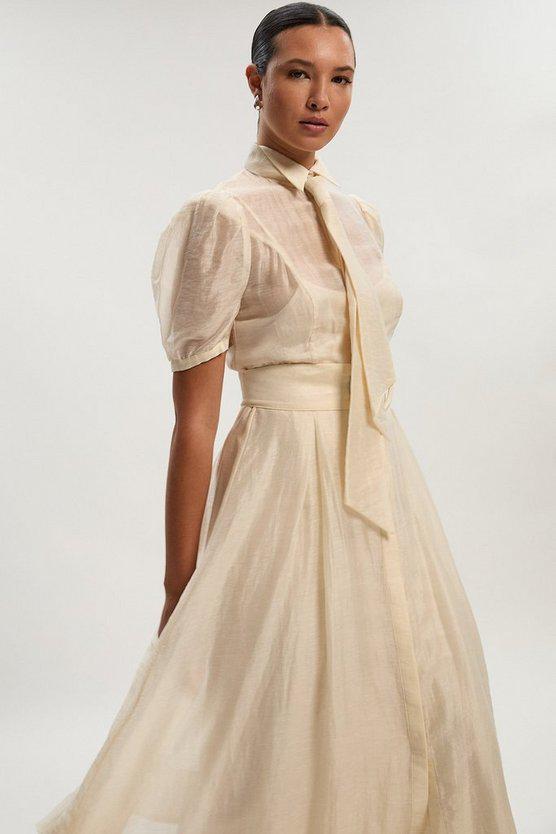 Karen Millen UK SALE Organdie Tie Neck Woven Midi Dress - ivory