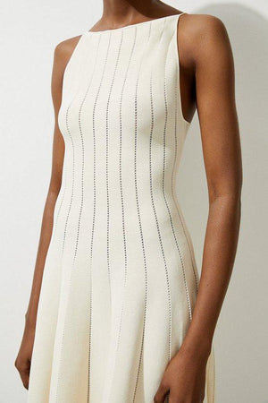 Karen Millen UK SALE Viscose Blend Sheer Detail Knit Flippy Mini Dress - cream