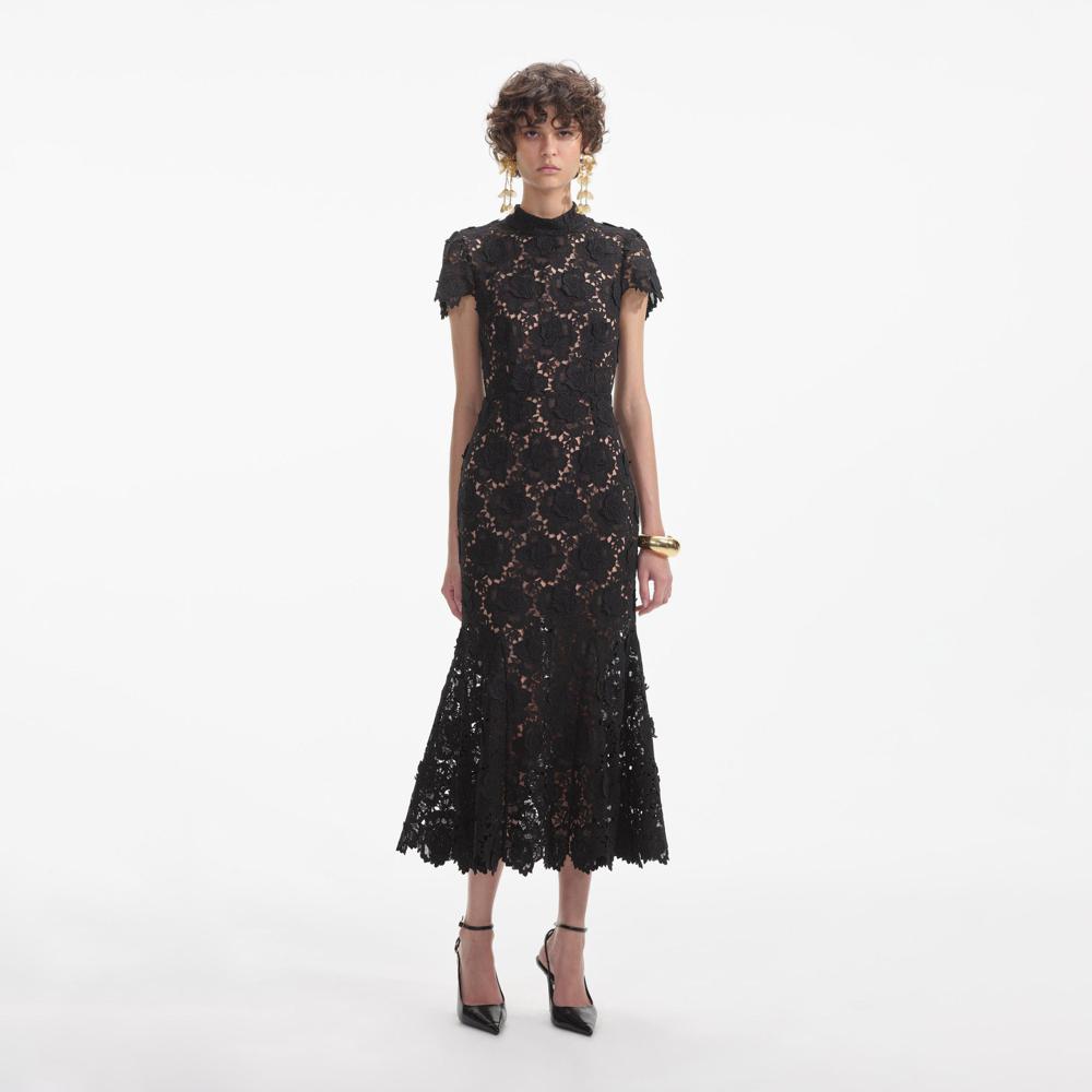 SELF PORTRAIT VIP SS24 Black Flower Lace Midi Dress