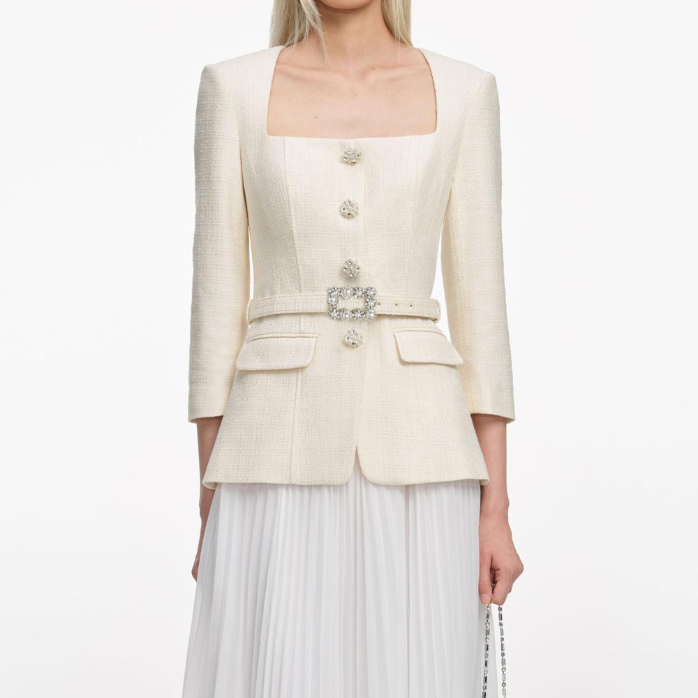 SP VIP PRICE Cream Boucle Long Sleeve Chiffon Midi Dress