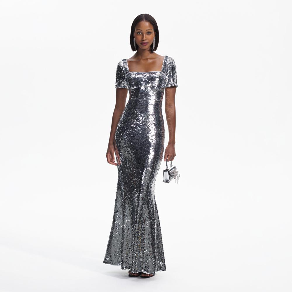 SELF PORTRAIT BLACK FRIDAY SALE Silver Sequin Maxi Dress