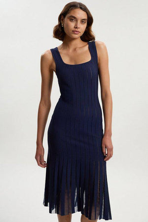 Karen Millen UK SALE Tall Compact Stretch Square Neck Knitted Flippy Dress - navy