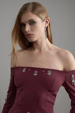 Karen Millen UK SALE Crystal Embellished Corset Detail Bardot Woven Midaxi Dress - plum