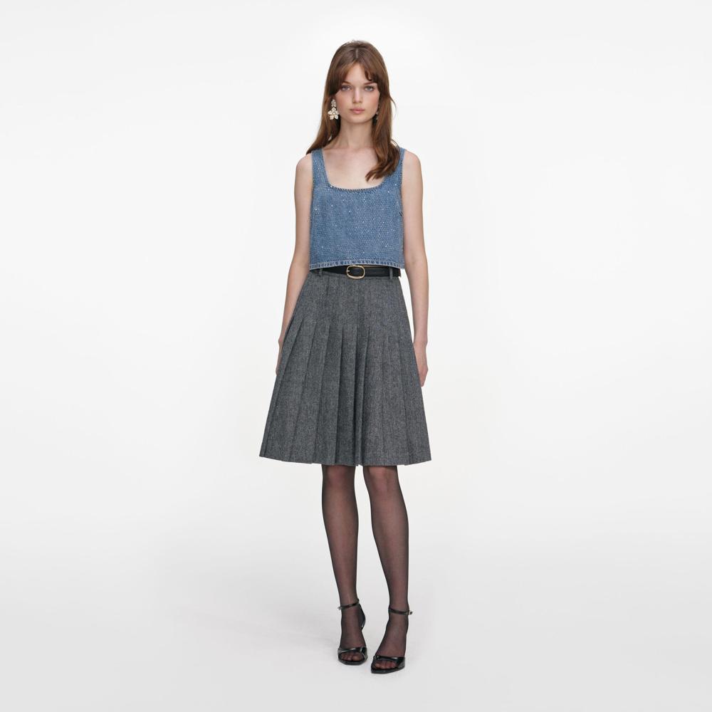 SP VIP PRICE Grey Herringbone Pleated Midi Skirt