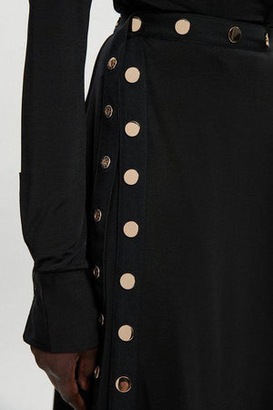 Karen Millen UK SALE Drapey Crepe Hanky Hem Eyelet Detail Maxi Skirt - black