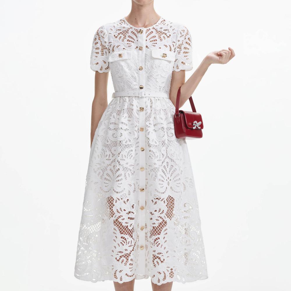 SELF PORTRAIT SS24 White Cotton Lace Button Midi Dress