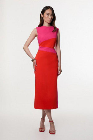 Karen Millen UK SALE Compact Stretch Colourblock Tailored Pencil Dress - hot pink
