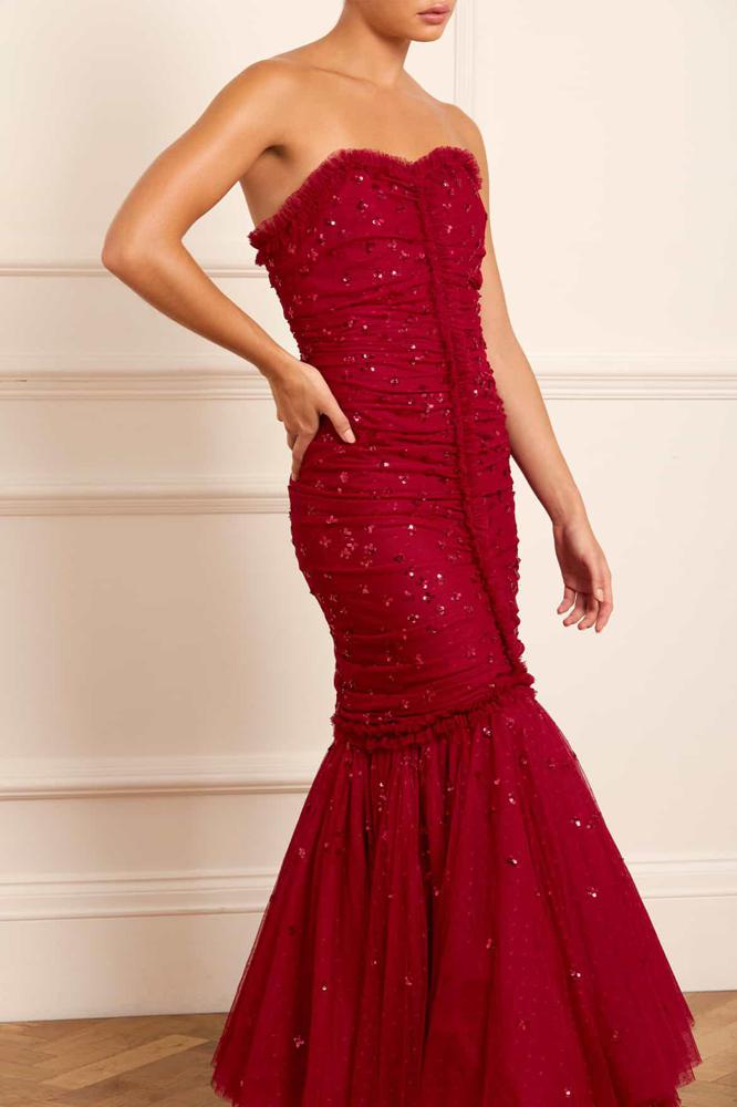 Needle & Thread CYBER SALE Scatter Sequin Strapless Ankle Gown - red